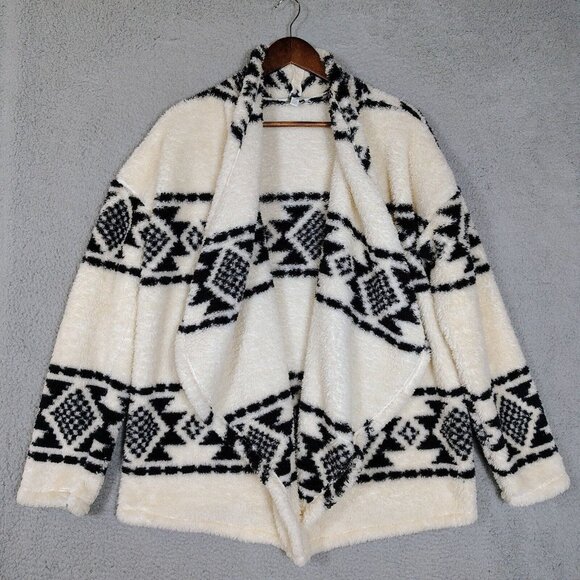 Lucky Brand Coat Women's Large Ivory Black Fair Isle Faux Fur Sherpa Collar Cozy - Picture 1 of 12